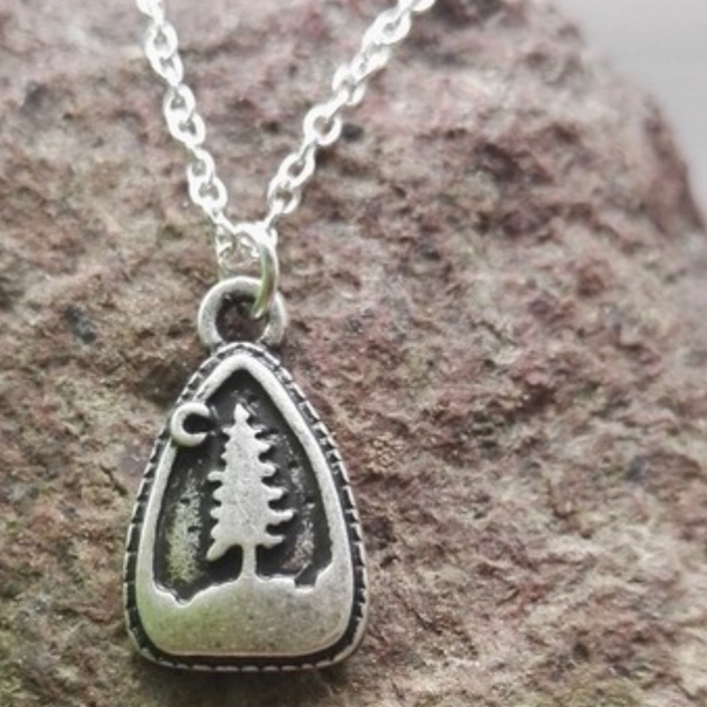 Pine Evergreen Tree Necklace Crescent Moon